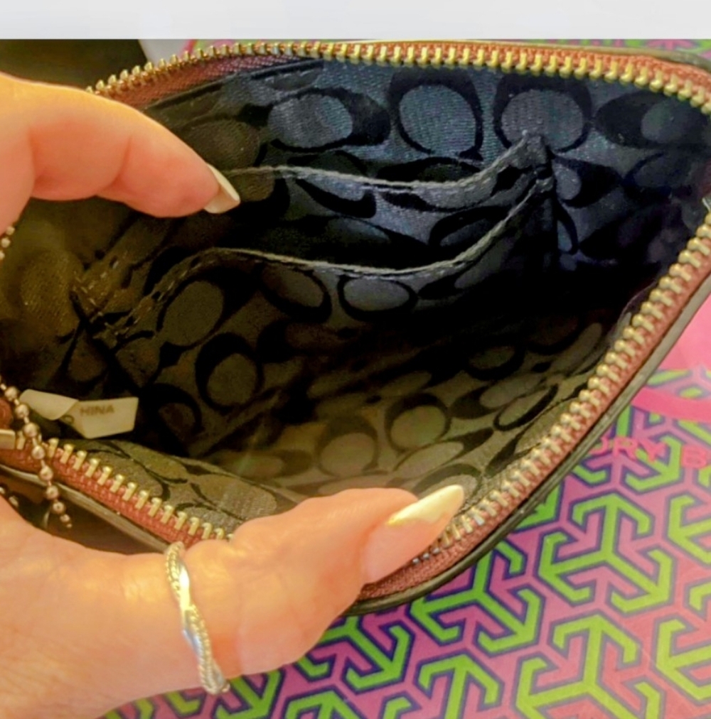 Coach Brown Leather Wristlet Zip Pouch Grommet Stud Detail Strap - Picture 3 of 5
